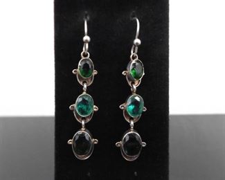 .925 Sterling Silver Emerald Crystal Dangle Hook Earrings
