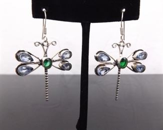 .925 Sterling Silver Topaz and Emerald Crystal Dragonfly Dangle Hook Earrings
