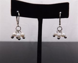 .925 Sterling Silver Genuine Pearl Dangle Claps Hook Earrings
