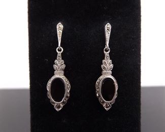 .925 Sterling Silver Art Nouveau Inlayed Black Onyx Dangle Post Earrings
