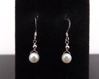 .925 Sterling Silver Genuine Pearl Dangle Hook Earrings
