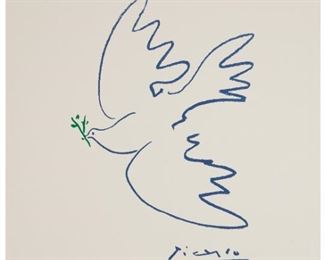 1003
Pablo Picasso
1881-1973, Spanish
"Dove Of Peace," Circa 1961
Color offset lithograph on paper under glass
Edition 111/150; signed lower right: Picasso
Sight: 18.5" H x 14.5" W; Sheet: 20" H x 15.25" W
Estimate: $3,000 - $5,000