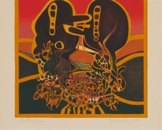 1004
Françoise Gilot
b. 1921, French
"Earth," From "The Four Elements," 1977
Color lithograph on paper under glass; Tamarind Institute, Albuquerque, pub.
Edition 52/100; signed and titled in the lower margin: Francoise Gilot; two blindstamps in the lower margin at left
Image: 11" H x 11" W; Sight: 15.75" H x 13.75" W
Estimate: $1,000 - $1,500