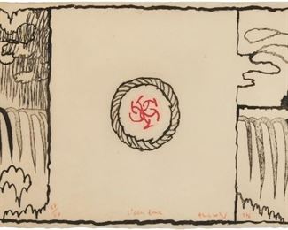 1006
Pierre Alechinsky
b. 1927, Belgian
"L'eau Douce," 1976
Color aquatint and etching on cream Japanese paper under Plexiglas
Edition 37/60; signed, titled, dated, and numbered in red pencil along the lower portion of the image: Alechinsky
Image approx.: 23.5" H x 37.25" W; Sheet approx.: 23.75" H x 38.75" W
Estimate: $2,000 - $3,000