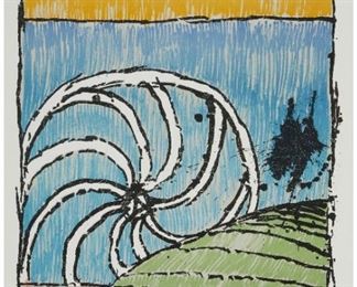 1008
Pierre Alechinsky
b. 1927, Belgian
Untitled
Color lithograph on B.F.K. Rives paper under glass; London Arts, London, pub.
Edition 9/100; signed lower margin at right: Alechinsky
Sheet: 26.25" H x 20" W
Estimate: $600 - $800