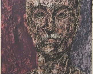 1011
Mark Tobey
1890-1976, American
"Kopf," 1967
Color lithograph on paper under glass
Edition 126/150; signed, dated and numbered in pencil in the lower margin: Tobey
Image: 8.75" H x 6" W
Estimate: $400 - $600