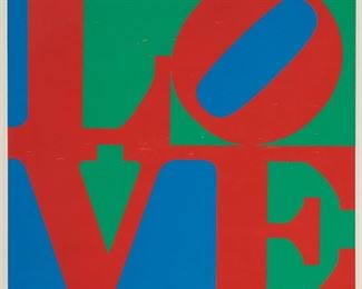 1012
Robert Indiana
1928-2018, American
"LOVE,"1967
Color screenprint on smooth wove paper under glass
Appears to be one of the 25 artist's proofs apart from the pencil signed and numbered edition of 250, also with margins, on paper this size; the artist's copyright stamp showing along the lower portion of the left margin edge: "(c) 1967 by Robert Indiana"
Image: 34" H x 34" W; Sheet: 36" H x 36" W
Estimate: $3,000 - $4,000