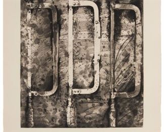 1014
Jim Dine
b. 1935, American
"New French Tools 2 - Three Saws From The Rue Cler," 1984
Etching, aquatint, and electric tools on paper under Plexiglas; Pace Gallery, Inc., New York, pub.
Edition: 40/50; signed, dated and numbered in pencil in the lower margin
Plate: 23.25" H x 19.25" W; Sheet: 35.5" H x 24.75" W
Estimate: $800 - $1,200