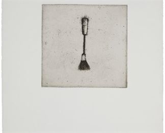 1015
Jim Dine
b. 1935, American
One Plate From "Four German Brushes," 1973
Etching on paper under Plexiglas; Maurice Payne, prntr; Petersburg Press, London, pub.
Edition 2/73 [sic]; signed, dated, and numbered in pencil along the lower margin edge
Plate: 11.75" H x 11.75" W; Sheet: 31.25" H x 22.25" W
Estimate: $1,000 - $1,500