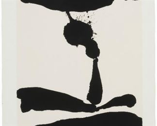 1016
Robert Motherwell
1915-1991, American
"Africa 3," From "Africa Suite," 1970
Screenprint in cream and black on wove paper under glass; Marlborough Graphics, Inc., New York, pub.
Edition: 103/150; initialed and numbered in pencil and with the artist's blindstamp in the lower margin: RM
Image: 31.75" H x 23.5" W; Sheet: 40.5" H x 28.25" W
Estimate: $4,000 - $6,000