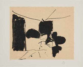 1017
Robert Motherwell
1915-1991, American
"The Paris Review," 1991
Lithograph on Japanese Kozo paper Chine colle to Arches paper under glass; The Paris Review, New York, pub.
Edition PP 2/4; initialed in pencil in the lower margin at right: RM
Image/Sheet: 14" H x 17" W; Sight: 19.25" H x 22.25" W
Estimate: $1,000 - $1,500