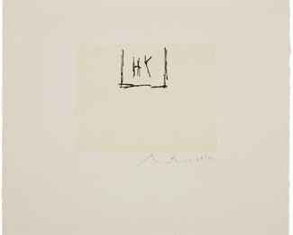 1018
Robert Motherwell
1915-1991, American
"Phoenician Etching," 1977
Sugar lift aquatint in cream and black on paper under Plexiglas; Catherine Mosley, prntr; Robert Motherwell, pub.,1983
Edition 24/40; signed lower margin: Motherwell; with the artist's blindstamp in the lower right margin corner
Plate: 5.875" H x 7.75" W; Sheet: 14" H x 15.75" W
Estimate: $700 - $900