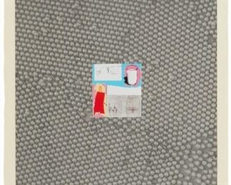 1022
R.B. Kitaj
1932-2007, American
"The Desire For Lunch Is A Bourgeois Obsessional Neurosis Or Grey Schizoids," 1965
Color screenprint on paper under Plexiglas
Edition 10/70; signed lower right: Kitaj, titled lower left
Sheet: 30" H x 20" W
Estimate: $500 - $700