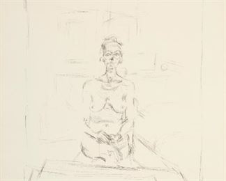 1024
Alberto Giacometti
1901-1966, Swiss
"Nu Assis," 1965
Lithograph on BFK Rives paper under Plexiglas; Gemini G.E.L., Los Angeles, prntr./pub.
Edition 97/100; Signed lower margin at right: Alberto Giacometti; the publisher's two blindstamps in the lower right margin corner
Image: 23.75" H x 17.5" W; Sheet: 30" H x 22.25" W
Estimate: $4,000 - $6,000