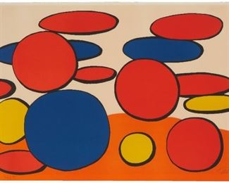 1026
Alexander Calder
1898-1976, American
"Composition Aux Cercles," 1975
Color lithograph on paper under Plexiglas
Edition 30/95; signed in pencil lower right: Calder
Image/Sheet: 29.5" H x 43.5" W
Estimate: $1,000 - $1,500