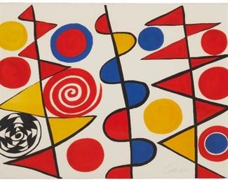 1027
Alexander Calder
1898-1976, American
"Pennants," 1965
Color lithograph on paper under Plexiglas
Inscribed E.A. lower left, an artist's proof apart from the numbered edition; signed in pencil lower right: Calder
Image/Sheet: 23" H x 30.75" W
Estimate: $1,500 - $2,000