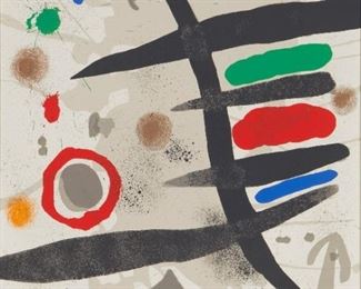 1028
Joan Miro
1893-1983, Spanish
One Plate From "Les Perseides," 1970
Color lithograph on wove paper, watermark of the publisher, under Plexiglas; Louis Broder, Paris, pub.
Edition IX/XV; signed in pencil lower right: Miro
Image/Sheet: 26" H x 20" W
Estimate: $8,000 - $10,000