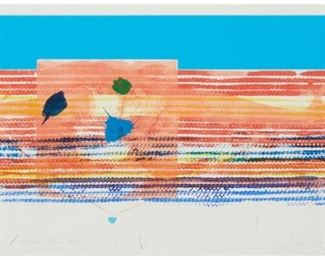1029
James Rosenquist
1933-2017, American
"Window Washer Glass House," 1978
Color intaglio & relief print with hand coloring applied with a rubber tire under glass
Edition 8/15 AP; signed and dated lower right: James Rosenquist; titled lower left
Image: 17.5" H x 36" W; Sheet: 22.5" H x 40" W
Estimate: $1,000 - $1,500