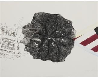 1030
James Rosenquist
1933-2017, American
"Black Triangle," From "Tripartite Series," 1978
Color etching, aquatint, and pochoir on paper under glass; Multiples, Inc., New York, pub.
Edition 9/78; signed, titled, dated, and numbered in pencil in the lower margin: James Rosenquist
Plate: 17.75" H x 35.75" W; Sheet: 22.5" H x 39.75" W
Estimate: $600 - $800