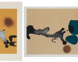 1034
Victor Pasmore (1908-1998, British)
Two works

"Points of Contact 2," 1982
Color screenprint on paper under Plexiglas
Edition 24/90; initialed and dated lower right: VP; with the publisher's blindstamp lower left
Image: 23.25" H x 30" W; Sheet: 29.5" H x 43" W

"Points of Contact 37," 1982
Color screenprint on paper under Plexiglas
Edition 21/70; initialed and dated lower right: VP; with the publisher's blindstamp lower right
Image: 26.25" H x 13" W; Sheet: 34.5" H x 19" W
Estimate: $2,500 - $3,500
