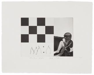 1040
Marlene Dumas (B. 1953, South African) And Rita McBride (B. 1960, American)
"Future Risk," 2005
Etching on paper
From the edition of 275; signed and titled in pencil in the lower margin: R. McBride / M. Dumas
Plate: 6" H x 8.25" W; Sheet: 11.25" H x 14.25" W
Estimate: $700 - $900