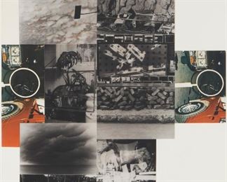 1041
Robert Rauschenberg
1925-2008, American
"Venice Print Project," 1984
Color screenprint and collage on paper under Plexiglas; Styria Studio, New York, pub.
Edition PP 8/10, a printer's proof apart from the edition of 75 and 15 artist's proofs; signed, dated and numbered lower center: Rauschenberg
31.75" H x 26.25" W (irregular)
Estimate: $1,500 - $2,500