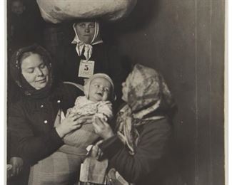1062
Lewis W. Hine
1874-1940, American
"Slovak Group, Ellis Island"
Gelatin silver print
Unsigned, with the artist's studio stamp verso
Sheet: 9.5" H x 7.25" W
Estimate: $800 - $1,200