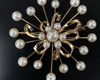 14K Yellow Gold Starburst Brooch w/ Pearls