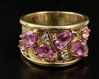 14K Yellow Gold w/ Pink Stones & Diamond Ring 7.2g
