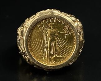 $5 Gold Coin Set In 10k Gold Nugget Ring
