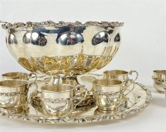 P Lopez G Ornate Sterling Silver Punch Bowl Set
