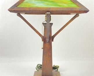 Antique Mission Oak Slag Glass Lamp
