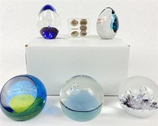 (5) Art Glass Paperweights & One Dime Paperweight
