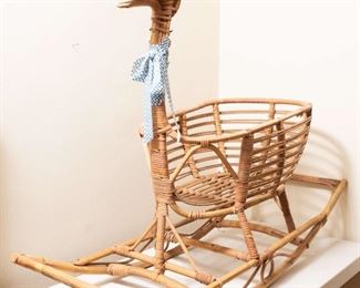 Vintage Mid Century Danish Bamboo Rattan Wicker Rocking Duck Plant Holder