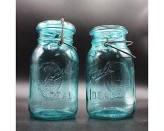 Pair of Turquoise Blue Ball Ideal Bicentennial Historical Reproduction Mason Jars