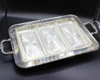 Vintage Leonard Silverplate Tray with 3 Glass Inserts