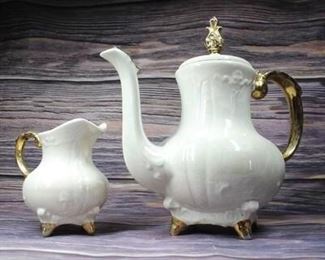 Vintage Royal Ceramic White Gold Teapot and Cream Pitcher