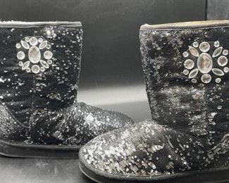Joan Boyce Black and Silver Sequined Fleece ZipUp Boots