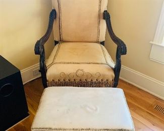 Leather Arm Chair with String Fringe and Matching Ottoman