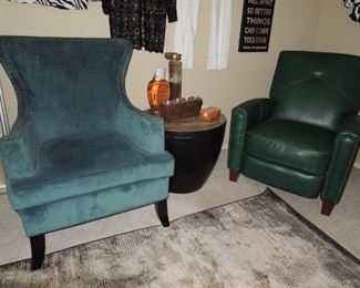 Unique arm chair, barrel side table, green leather recliner