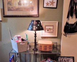 Iron and glass end table set, Longaberger basket, framed art, unique lamp