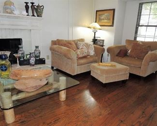 Rustic wood coffee and sofa table - Neutral chair and a half (2) with ottoman set, parlor lamp