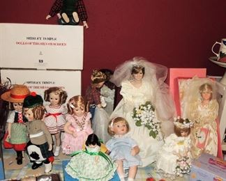 Collectible dolls: Madame Alexander Scarlett, Princess Diana bride(s) with Flower Girls, Shirley Temple dolls