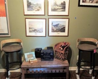 New Ballard Design bar chairs, Southwestern style bench, framed art - set of art (4) by Larry Dyke 