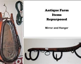 Farm items converted for home:  yolk mirror and hooks