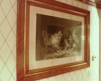 large antique print in tiger oak frame