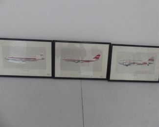 Set of 3 Vintage Framed TWA Airplane Images: Lockheed 1011, Boeing 747 and Douglas DC-3