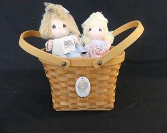 2 Precious Moments Stuffed Figures in a Double Handle Basket with Tie-On