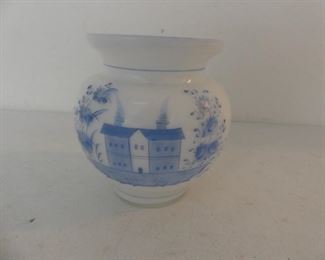 Hand Blown Milk Glass Vase with Delft-Style Hand Painted Design