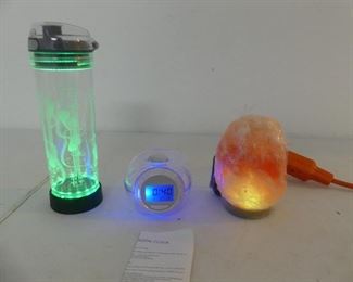 Things That Light Up! Himalayan Salt Lamp, Color Changing Alarm Clock and Lighted Water Bottle